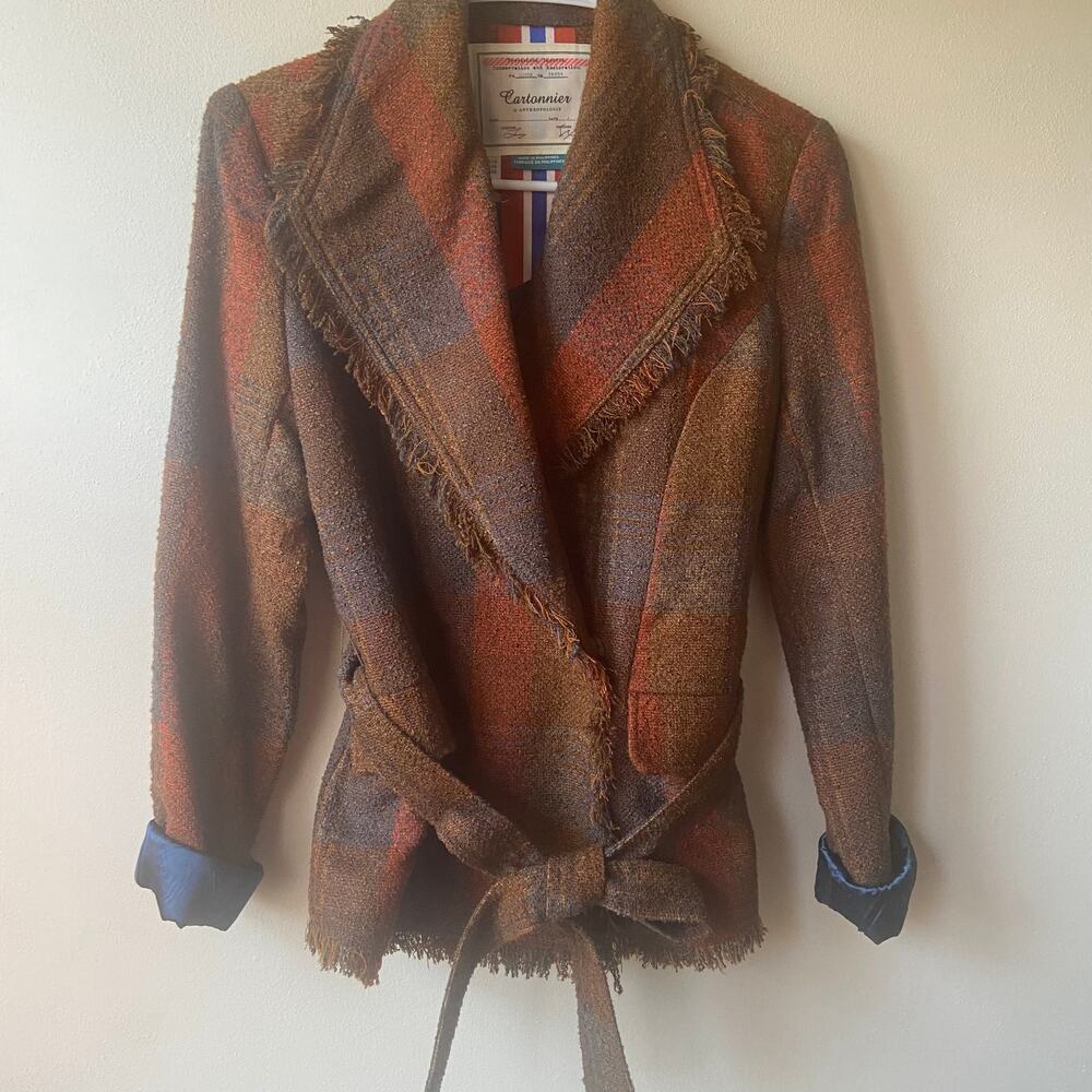 Anthropologie Cartonnier Sophie Fringe Tweed Jacket Blazer Belted Size 6